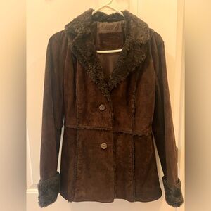 Women’s Brown suede leather jacket with fur trim